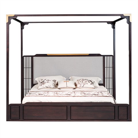 中式 卧室家具 璞驰-鲁班印 CH3089架子床 1.8米普通床 1.8米高箱床 印尼金花梨 黑檀色
